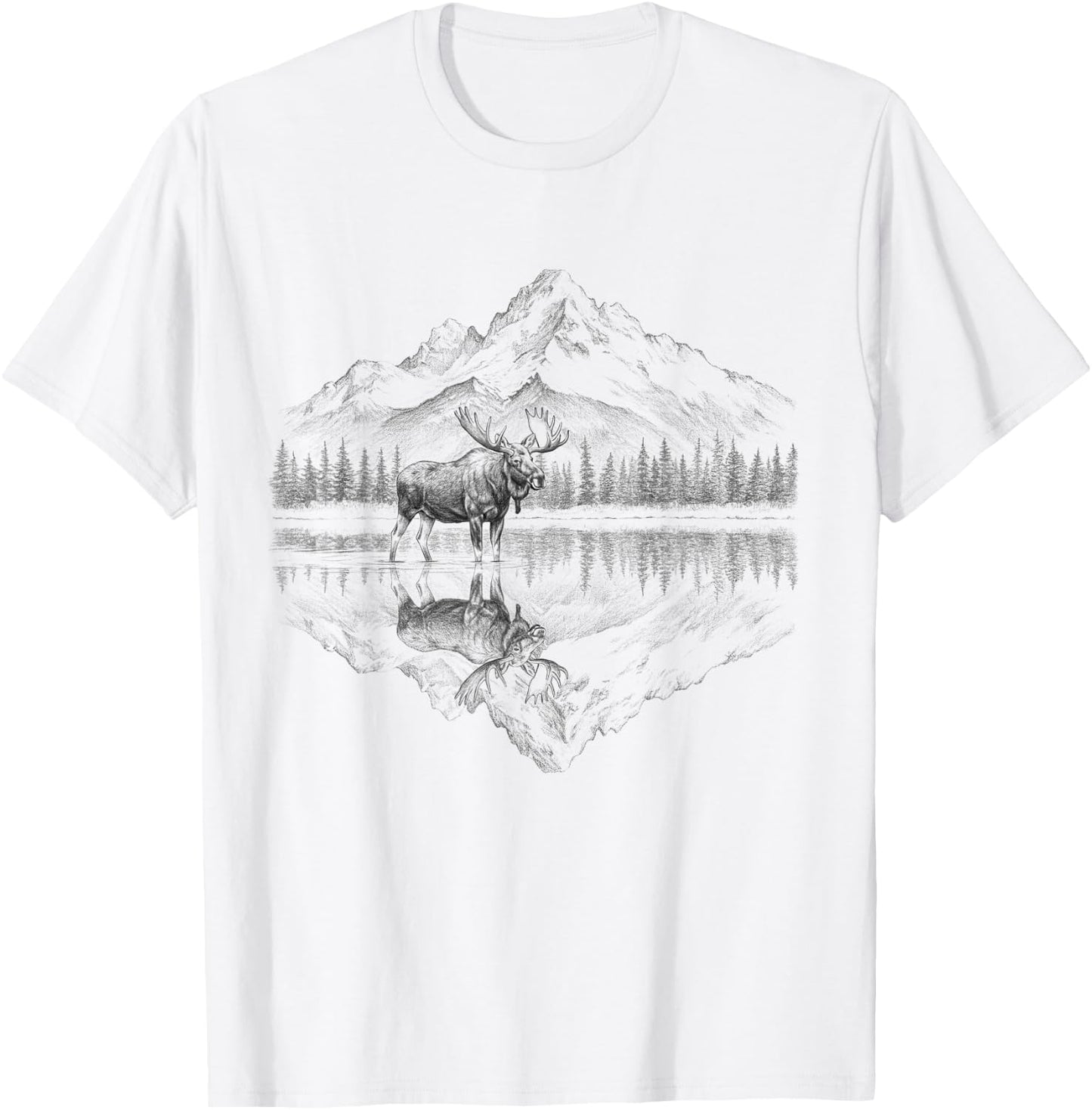 Moose and Mountain Reflection Nature Design T-Shirt - T-Shirt | White