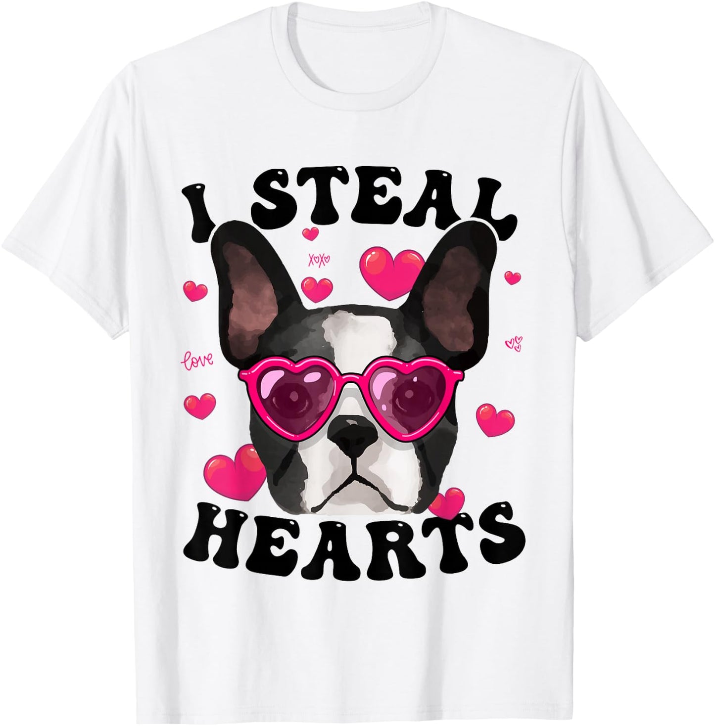 Boston Terrier Heart Glasses Girls Bostie Valentines Day T-Shirt - T-Shirt | White