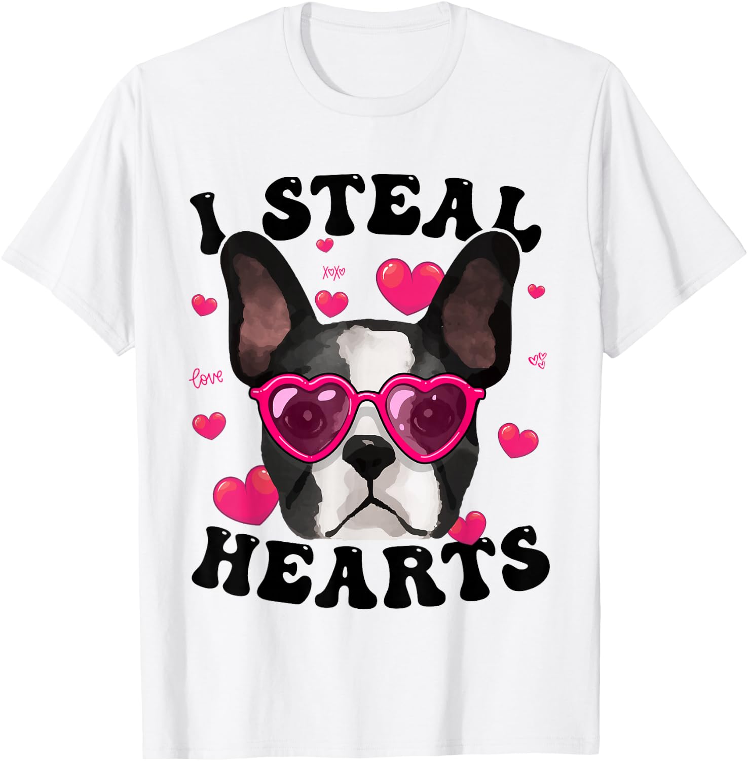 Boston Terrier Heart Glasses Girls Bostie Valentines Day T-Shirt - T-Shirt | White