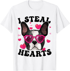 Boston Terrier Heart Glasses Girls Bostie Valentines Day T-Shirt - T-Shirt | White
