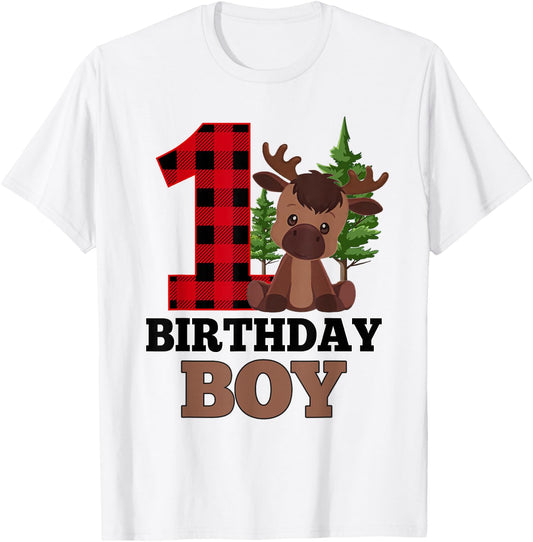 Baby Boy 1st Birthday Decorations 1 Year Old Moose Lover T-Shirt - T-Shirt | White