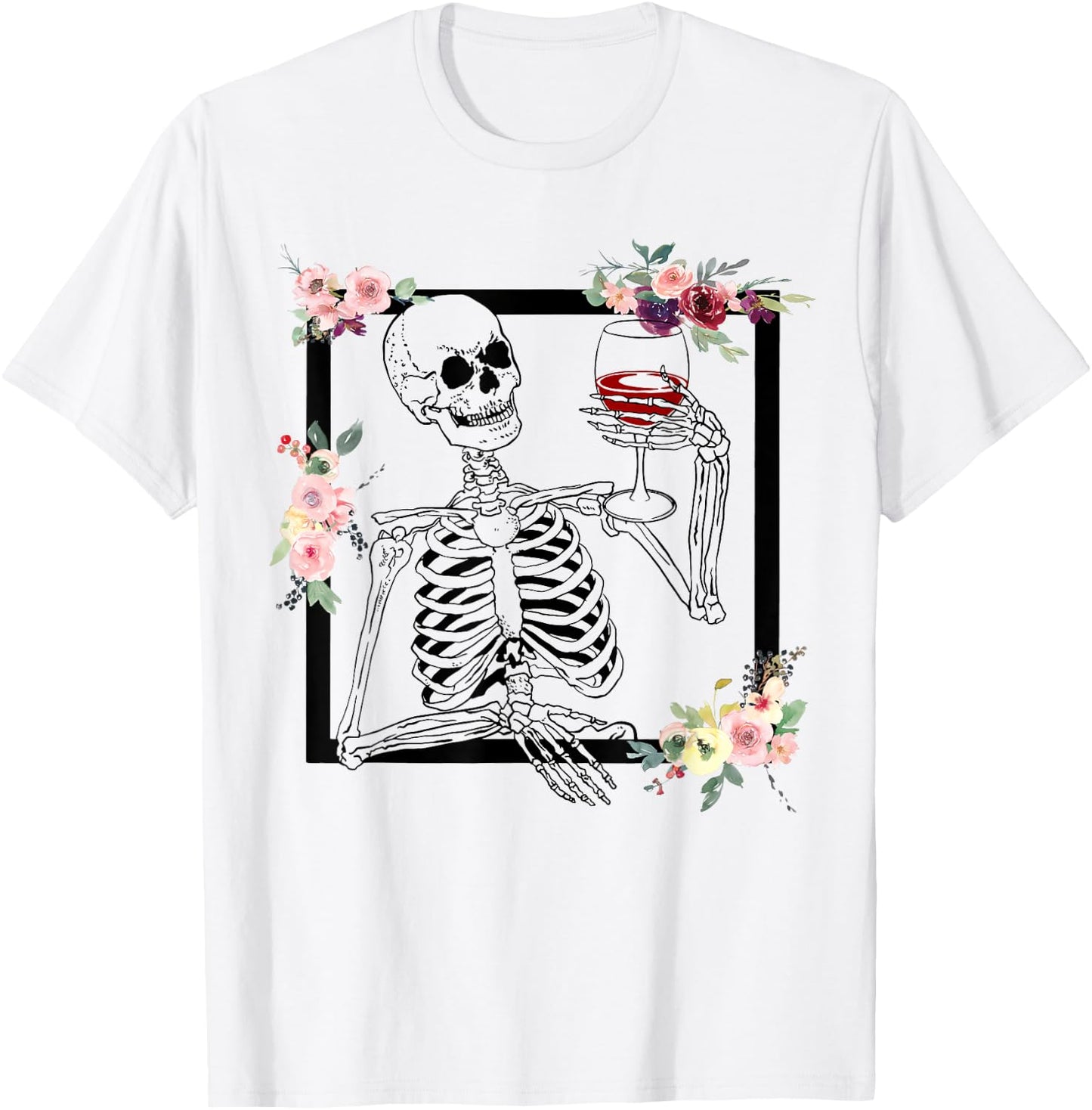 Halloween Funny Hallo-Wine Floral Skeleton Drinking Wine T-Shirt - T-Shirt | White