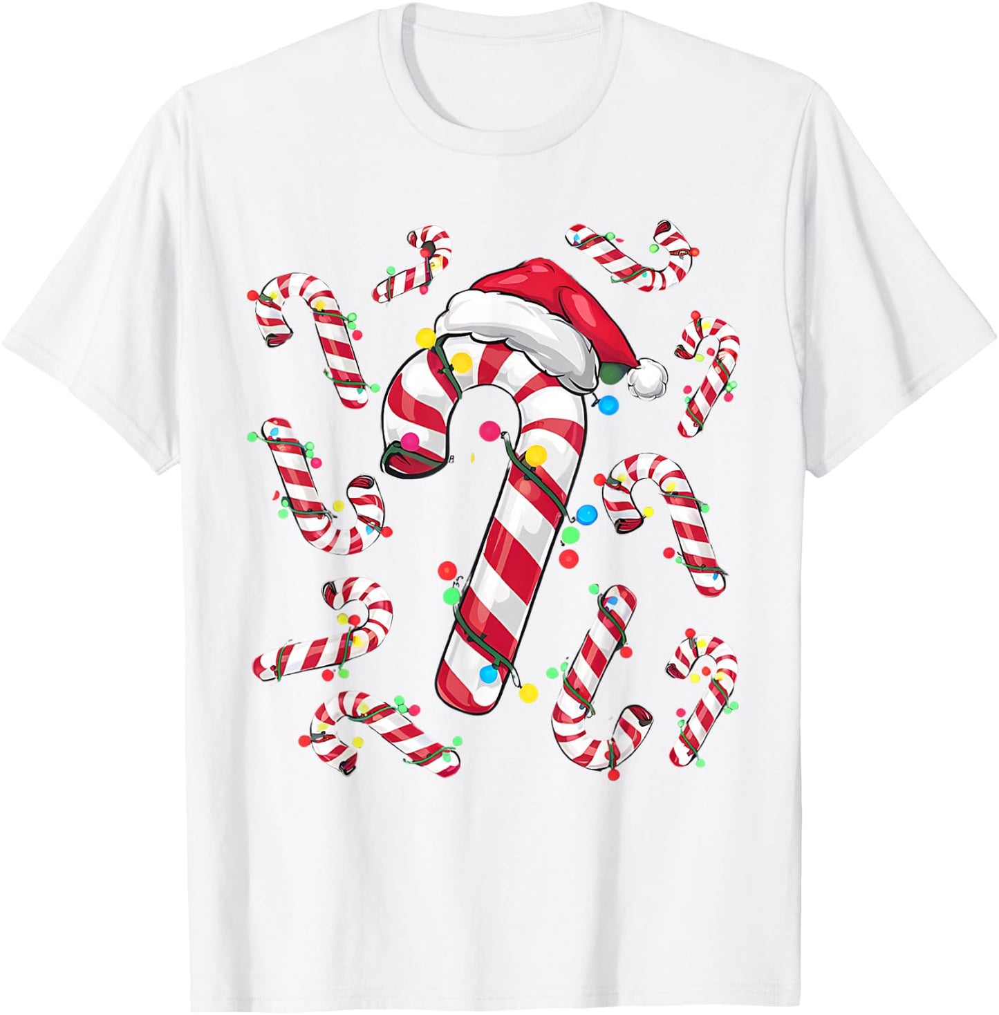 Cute Christmas Candy Cane Santa Hat and Christmas Lights T-Shirt - T-Shirt | White