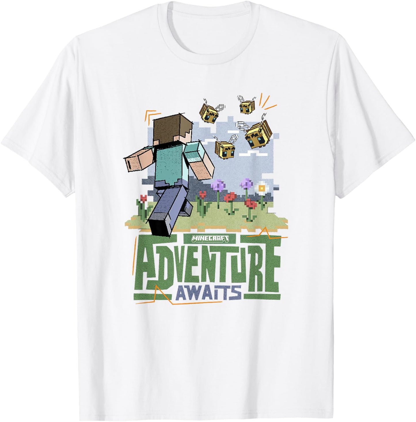 Minecraft Adventure Awaits Steve Running Through Field T-Shirt - T-Shirt | White