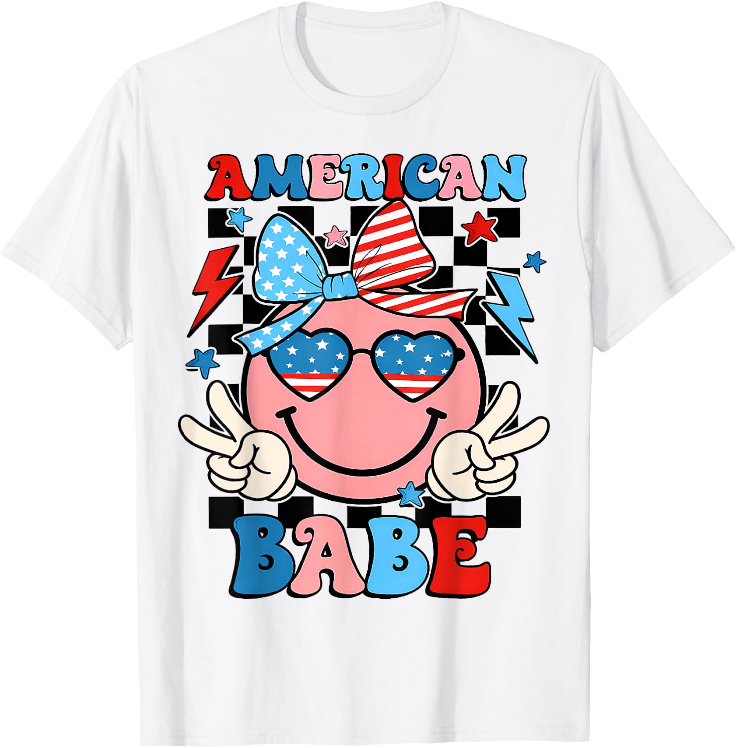Checkered American Dude US Flag Bow Girl 4th of July T-Shirt - T-Shirt | White