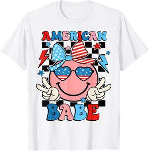 Checkered American Dude US Flag Bow Girl 4th of July T-Shirt - T-Shirt | White