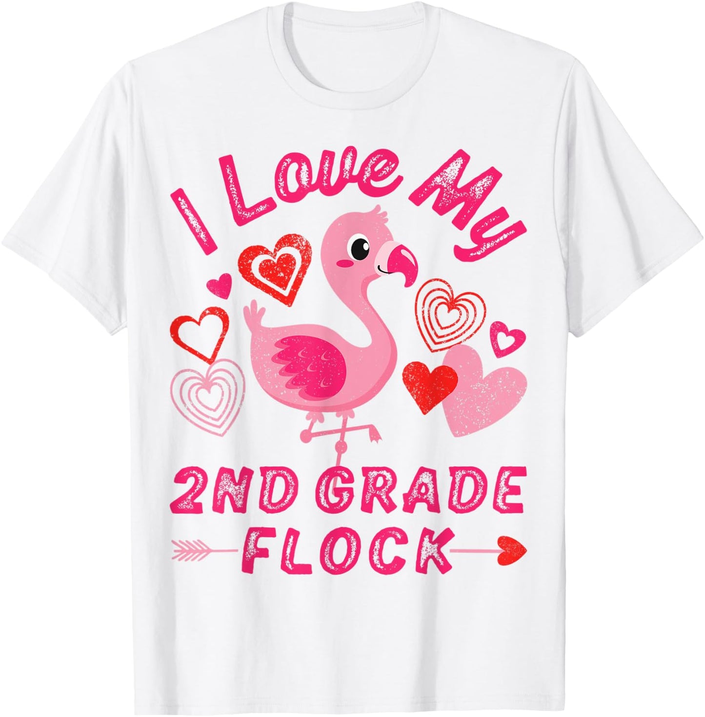 Love My 2nd Grade Flock Flamingo Second Grade Heart Teacher Men Women T-Shirt - T-Shirt | White
