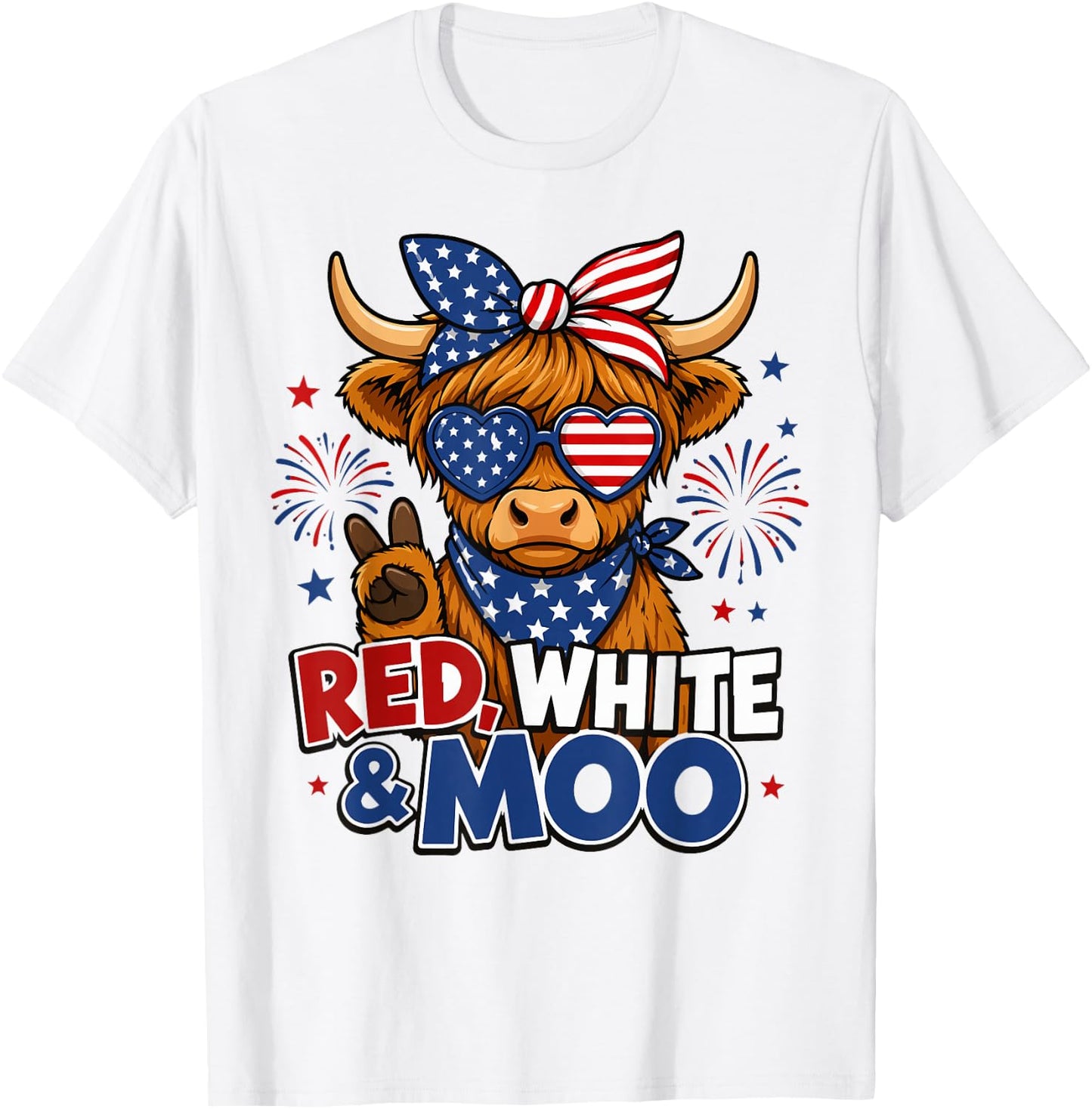 Red White & Moo Highland Cow 4th of July American Flag Women T-Shirt - T-Shirt | White
