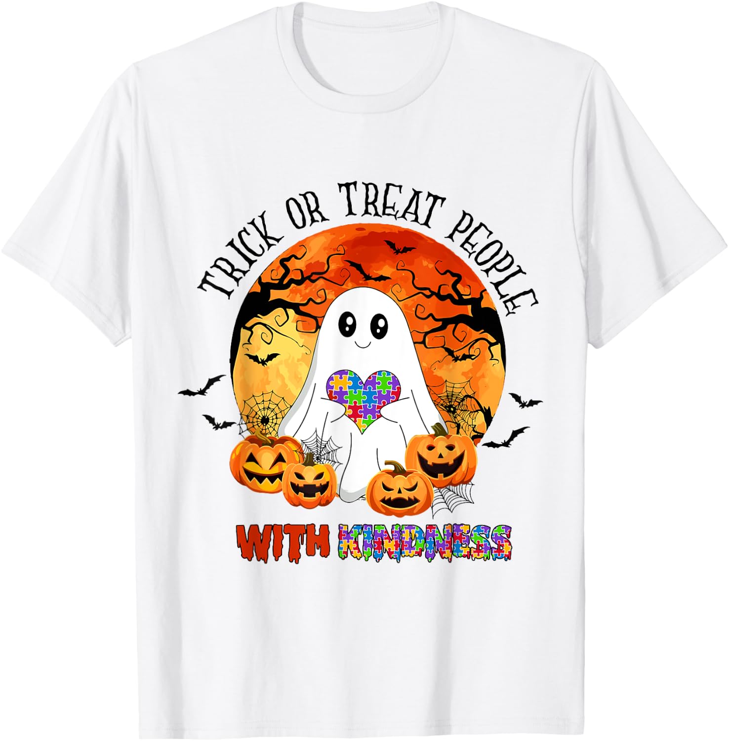Trick or Treat People With Kindness Halloween Autism T-Shirt - T-Shirt | White