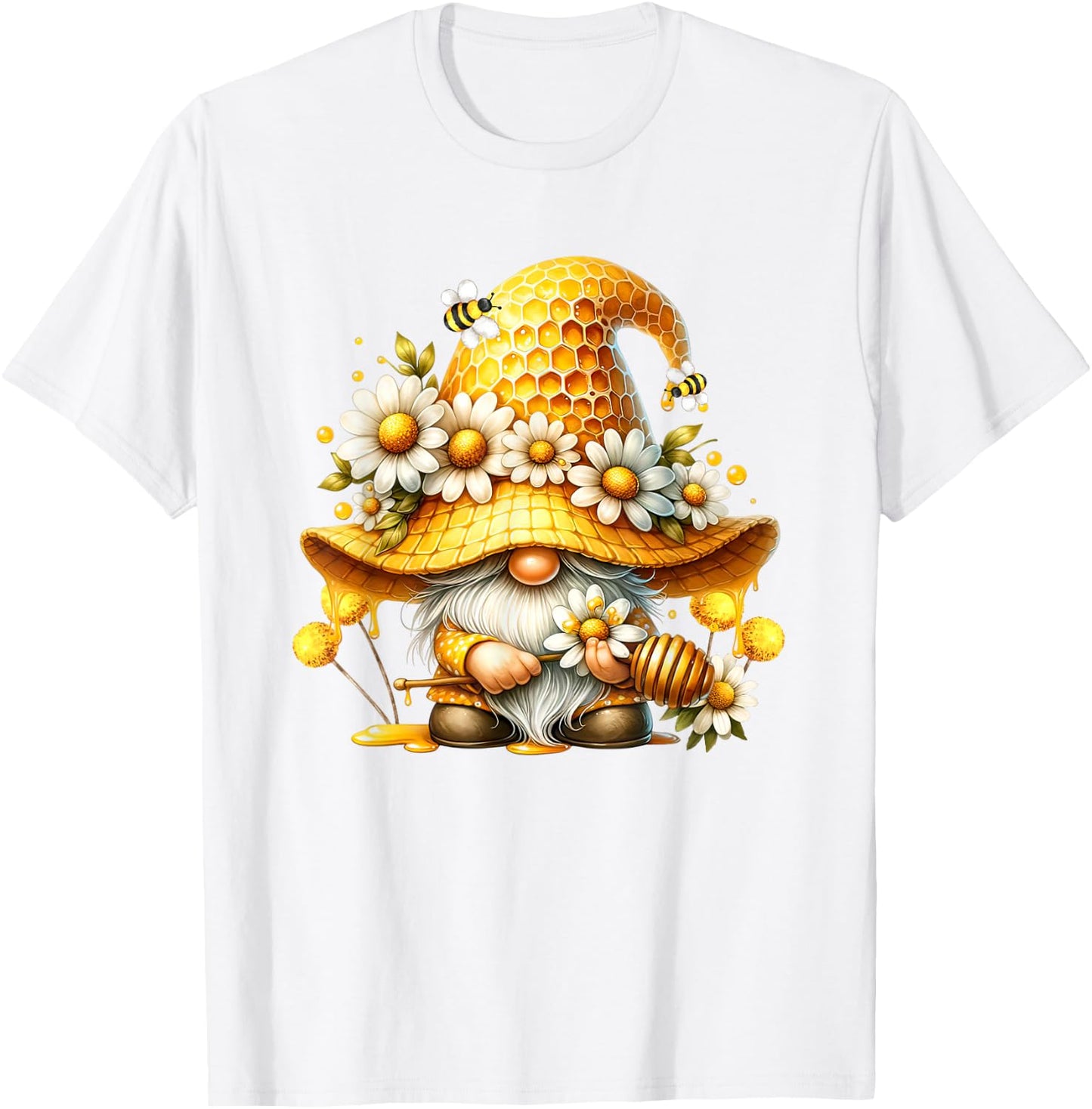 Unique Hippie Gnome Graphic With Daisy Flower And Honey Bees T-Shirt - T-Shirt | White