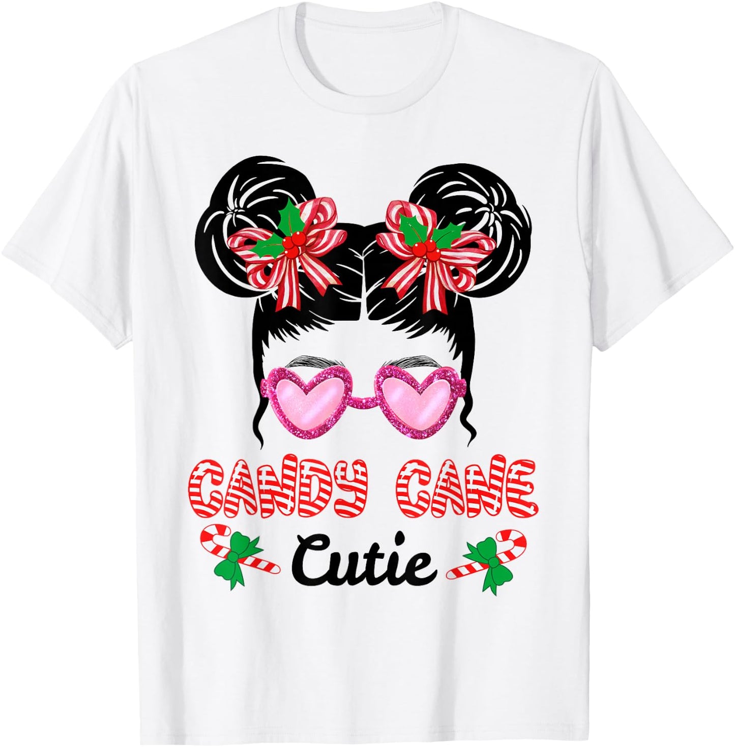 Christmas Candy Cane Cutie Messy Bun Girls Kids Xmas Pajama T-Shirt - T-Shirt | White