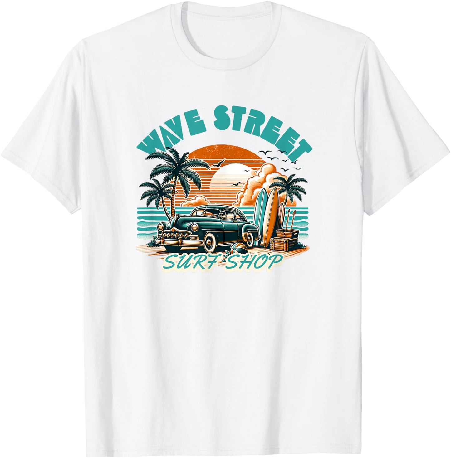Wave Street Retro Vacation Beach Surfing Vintage Sunset Men Women Girls Kids T-Shirt - T-Shirt | White