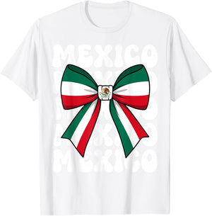Mexico Coquette Bow Mexico Flag Cute Retro Mexican Girl T-Shirt - T-Shirt | White