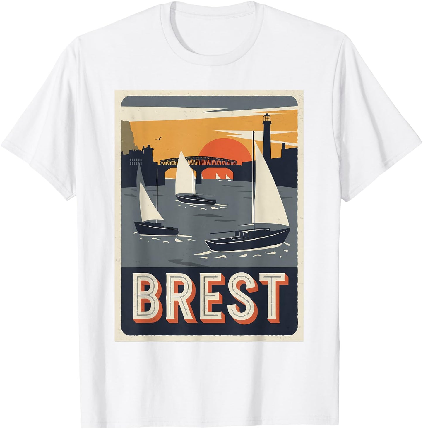 Vintage Poster Brest Sunset Sailing T-Shirt - T-Shirt | White