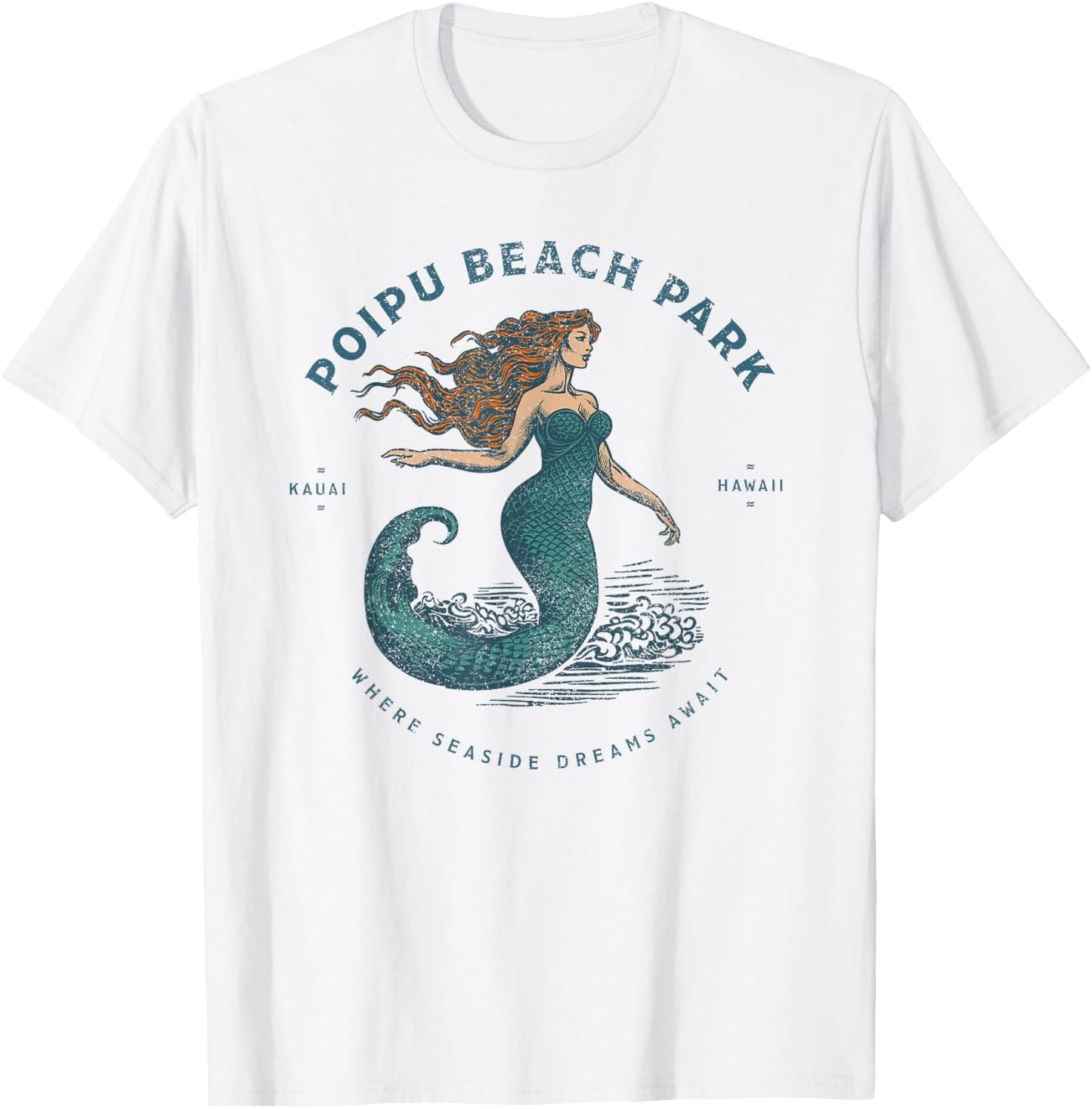 Poipu Beach Park Kauai Hawaii Retro Vintage Mermaid T-Shirt - T-Shirt | White
