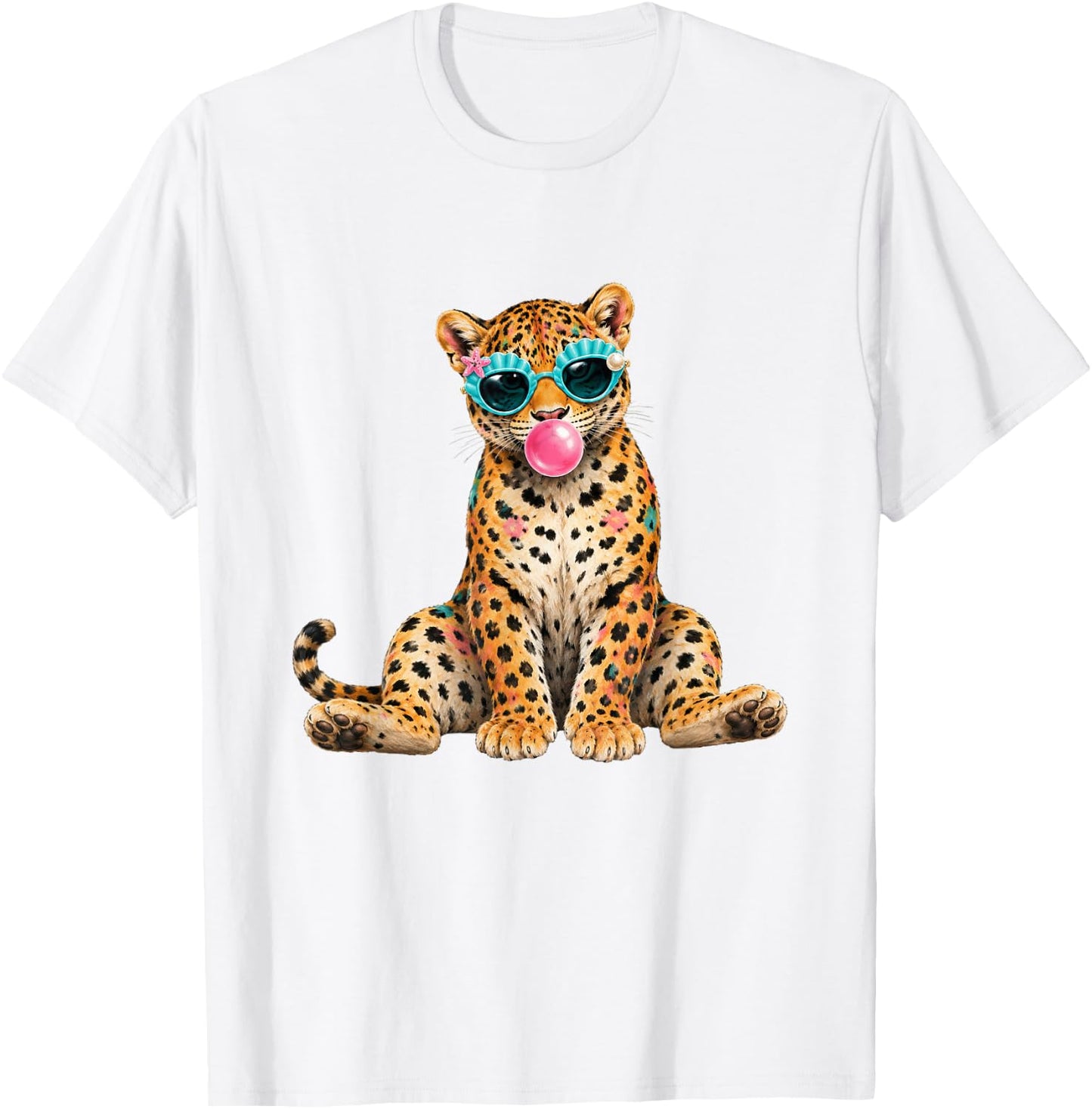 Summer Vibes Beach Vacation Leopard Blowing Bubble Gum T-Shirt - T-Shirt | White