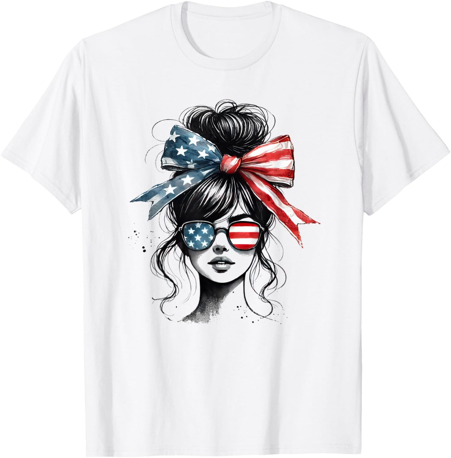 Messy Bun Girl Wearing Sunglasses American Flag T-Shirt - T-Shirt | White