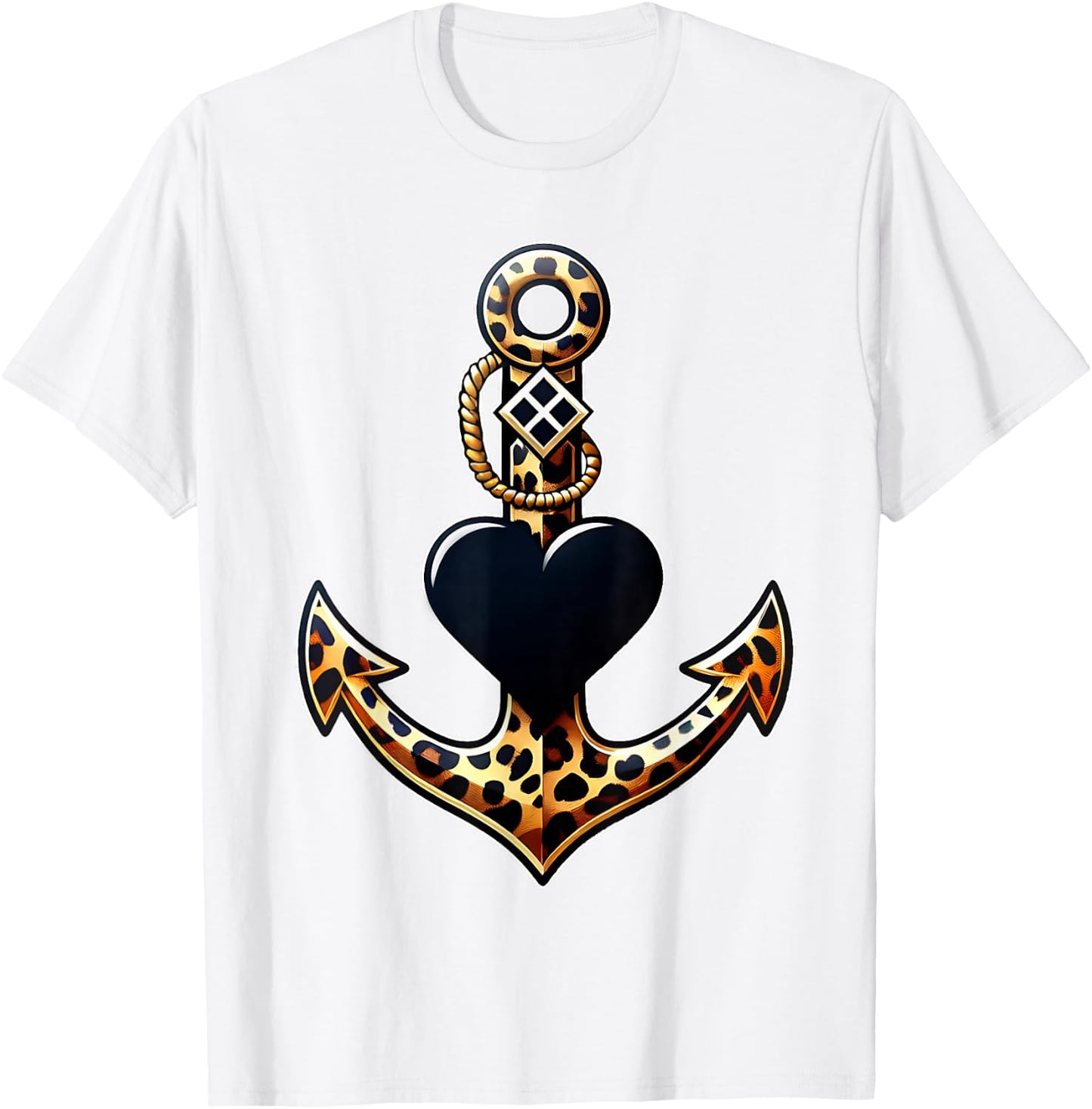Leopard Anchor Heart Nautical Sailing Beach Captain Women T-Shirt - T-Shirt | White
