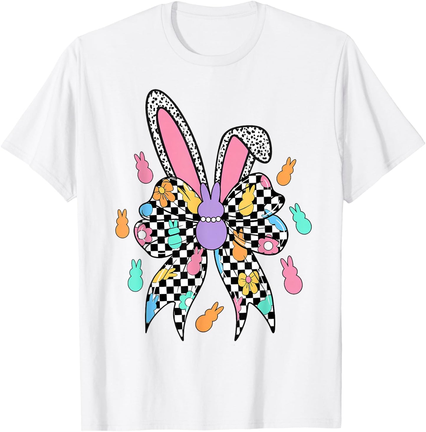 Happy Easter Bunny Checkered Coquette Bow Ears Women Girl T-Shirt - T-Shirt | White
