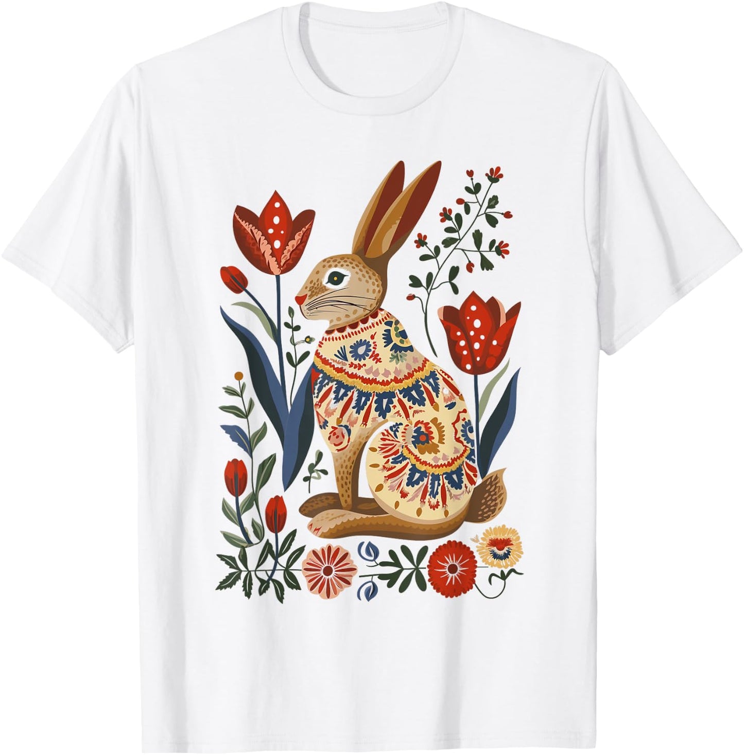 Easter Bunny Rabbit Spring | Norwegian Scandinavian Folk Art T-Shirt - T-Shirt | White