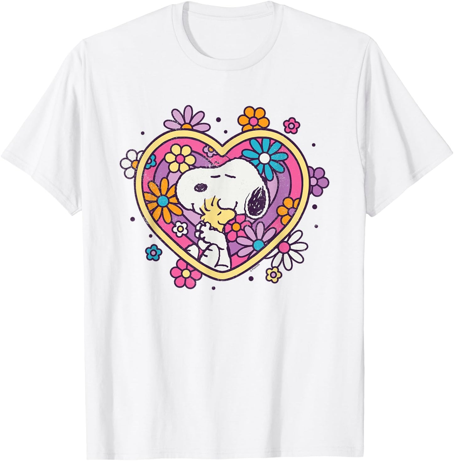 Peanuts Hug Heart Flowers , White T-Shirt - T-Shirt | White