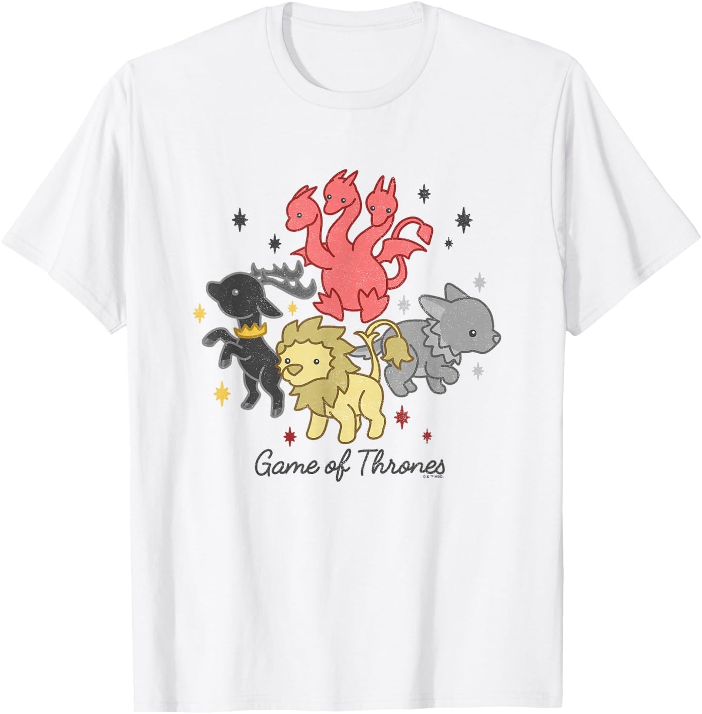Game Of Thrones Dragon Stag Lion Direwolf House Chibi T-Shirt - T-Shirt | White