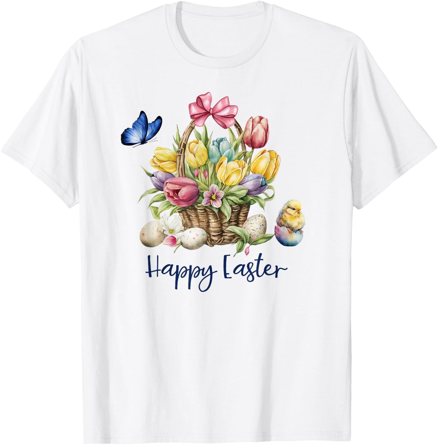 Happy Easter Flower Basket with Baby Chick Butterfly Easter T-Shirt - T-Shirt | White