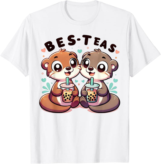 Kawaii River Otter Friends Enjoying Boba Tea Bes-Teas Bestie T-Shirt - T-Shirt | White