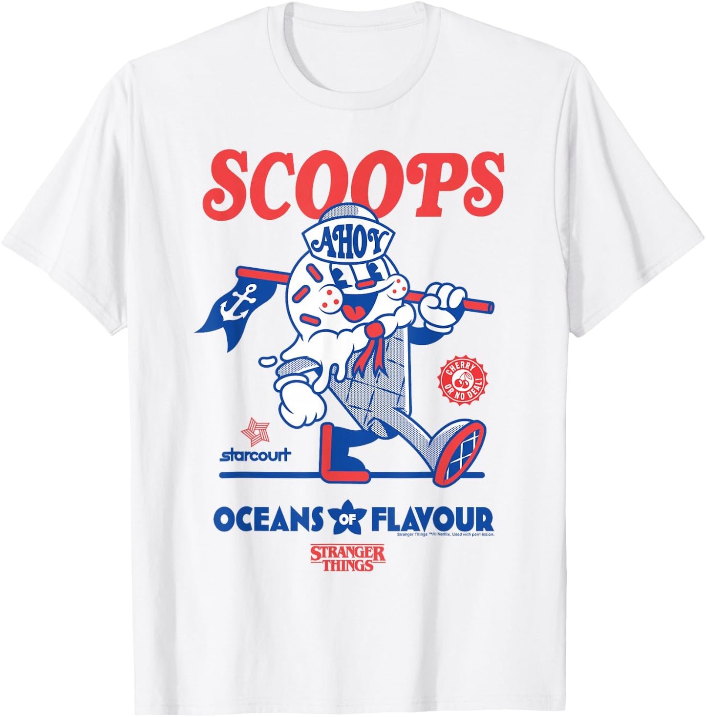 Stranger Things Scoops Ahoy Ice Cream Shop in Red/Blue , White T-Shirt - T-Shirt | White