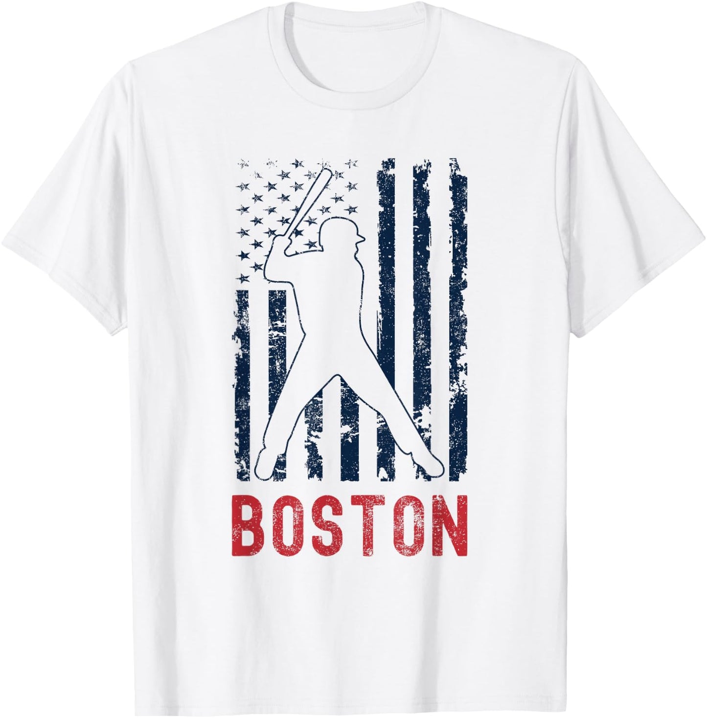 Boston Massachusetts American Flag Baseball Weathered T-Shirt - T-Shirt | White