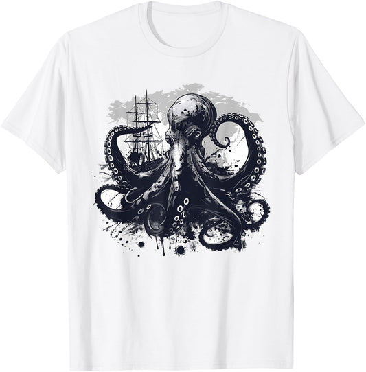 Octopus with Boat I Octopus , white, S T-Shirt - T-Shirt | White