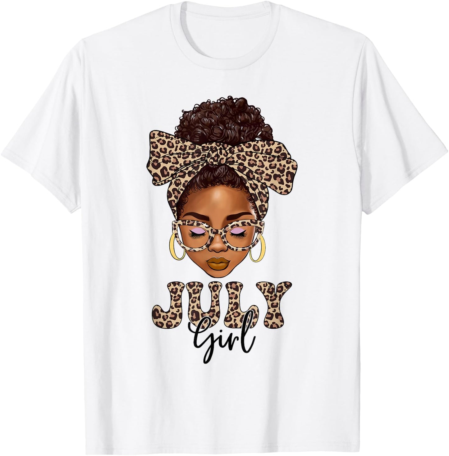 July Girls Messy Bun Leopard Black Women Birthday T-Shirt - T-Shirt | White