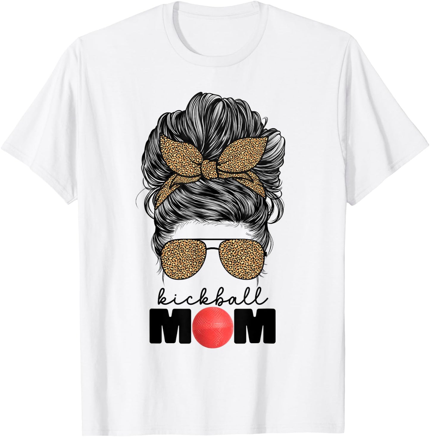 Kickball Mom Funny Leopard Messy Bun Kickball Mom T-Shirt - T-Shirt | White