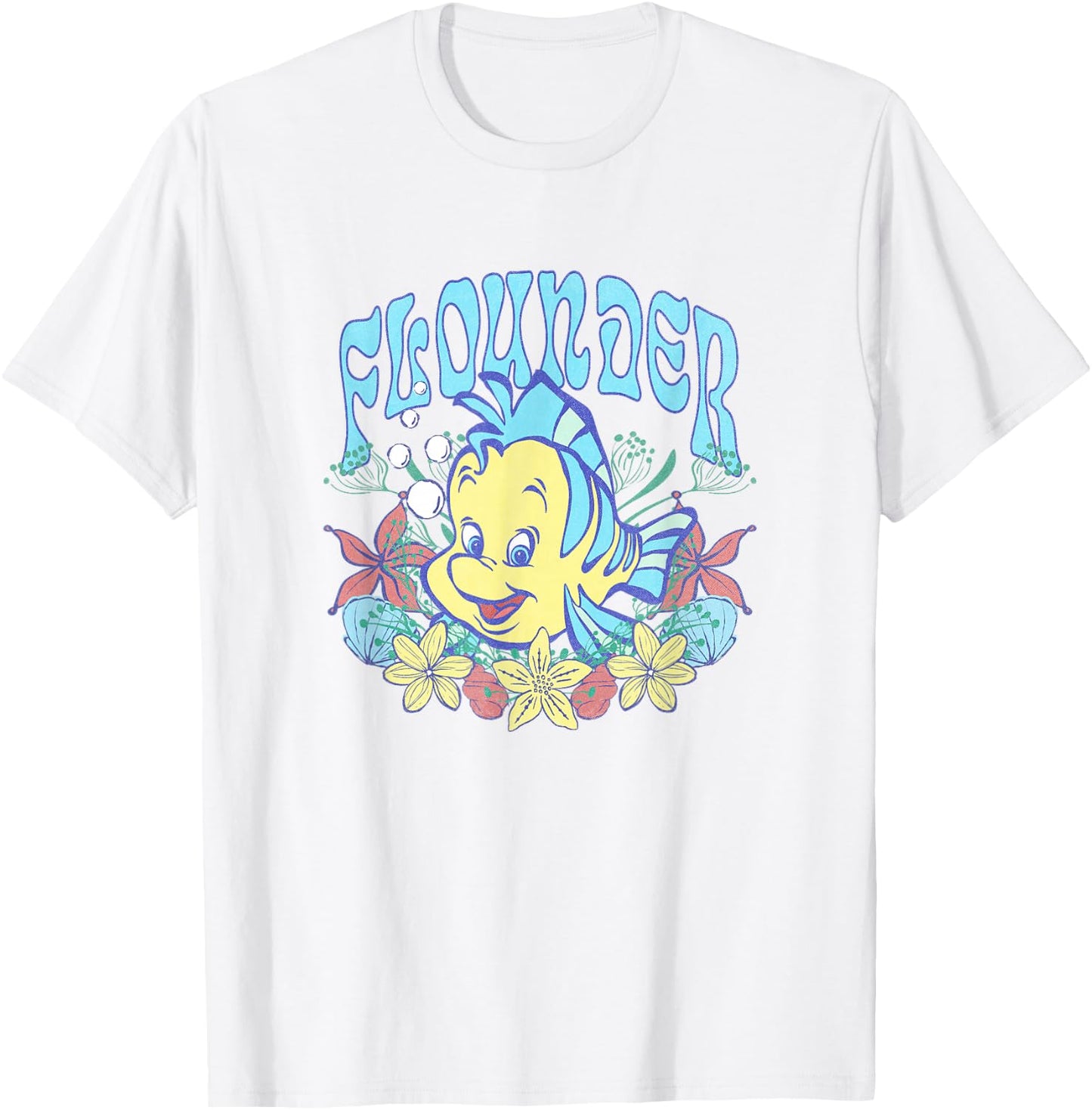 Disney The Little Mermaid Cute Flounder Floral Chest Poster T-Shirt - T-Shirt | White