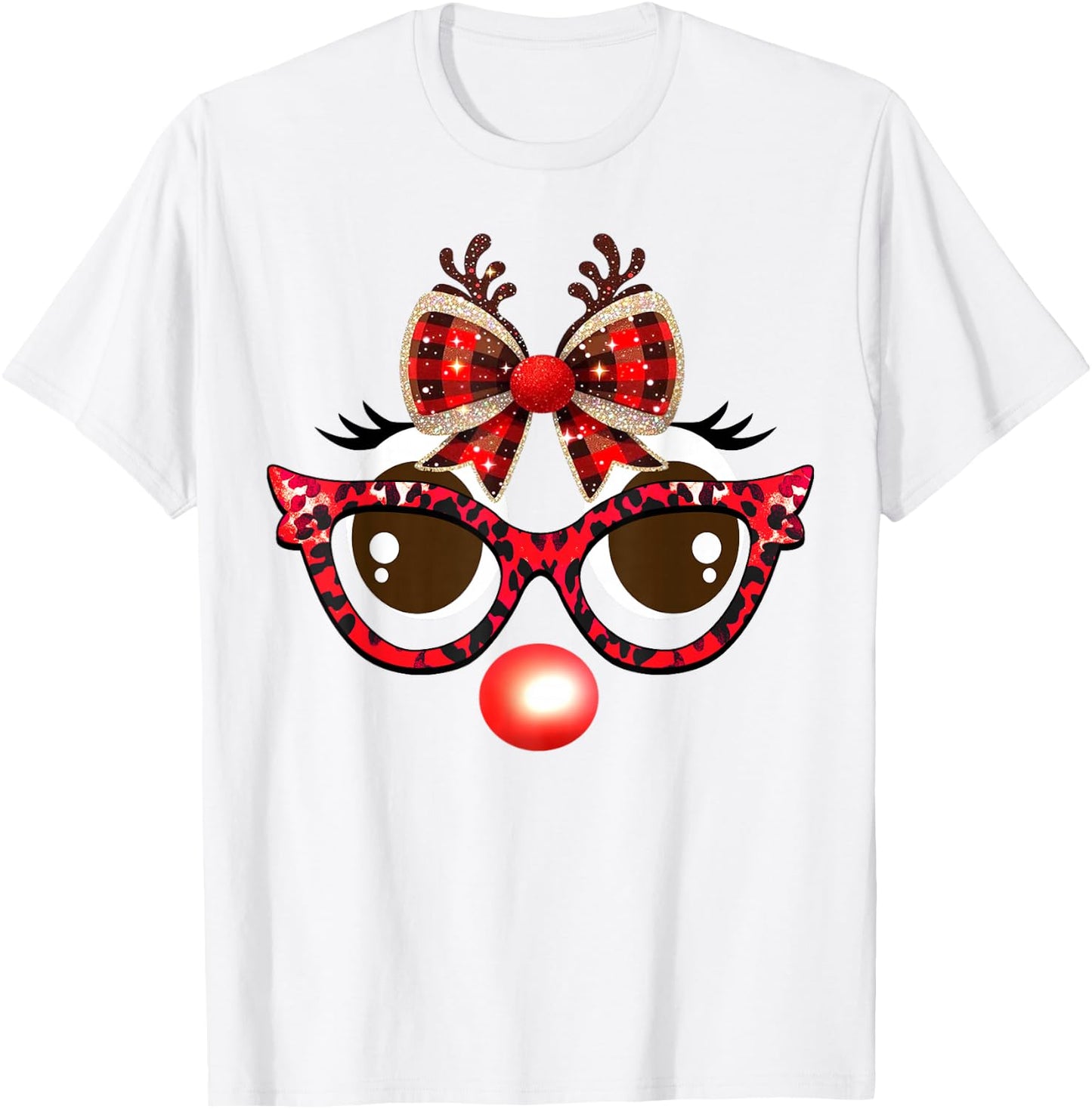 Funny Reindeer Face Leopard Sunglasses Plaid Christmas Light T-Shirt - T-Shirt | White