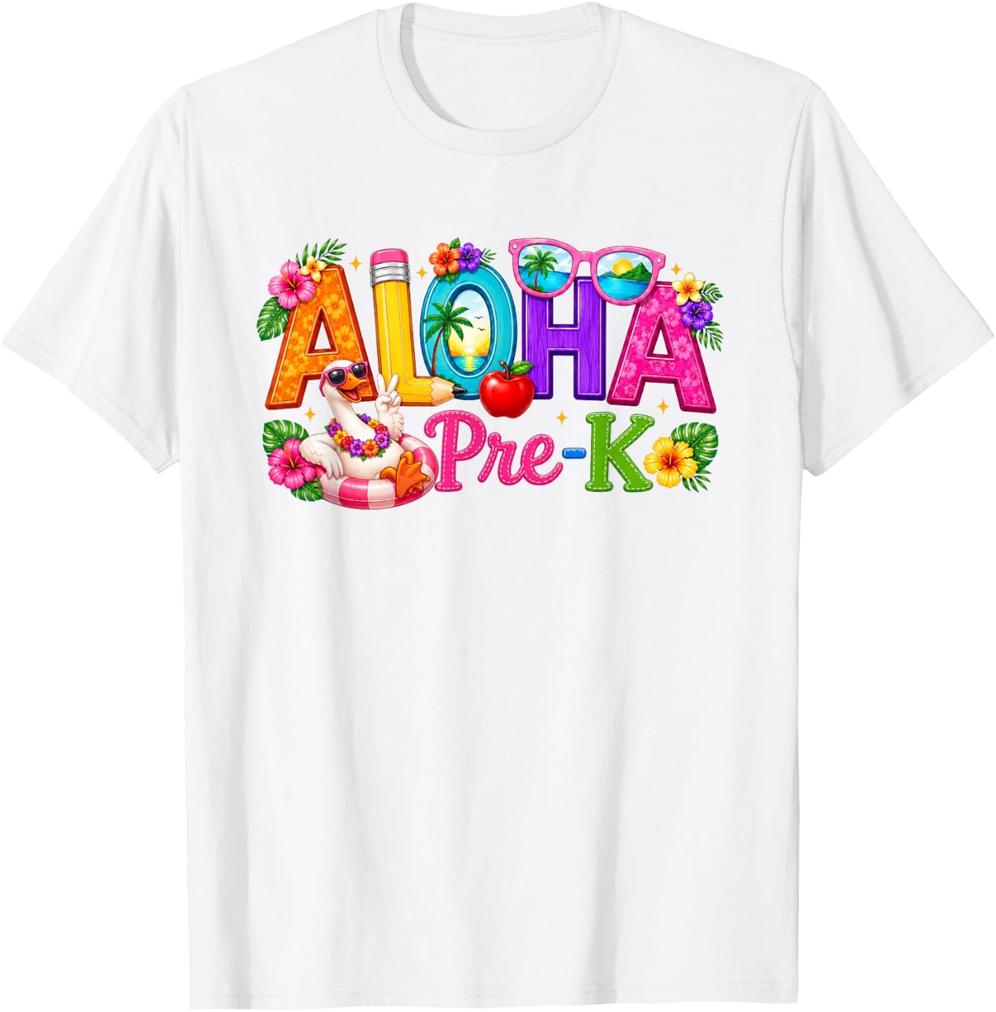 Aloha Pre-K Tropical Floral Beach Silly Goose Back to School T-Shirt - T-Shirt | White