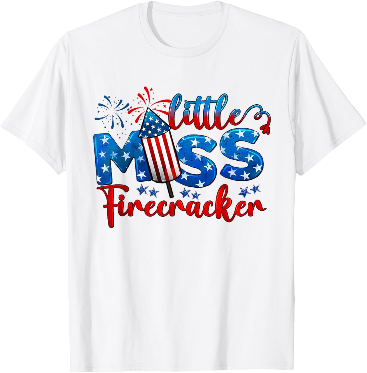 Little Miss Firecracker 4th of July American Flag Girls Kids T-Shirt - T-Shirt | White