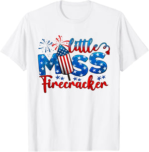 Little Miss Firecracker 4th of July American Flag Girls Kids T-Shirt - T-Shirt | White