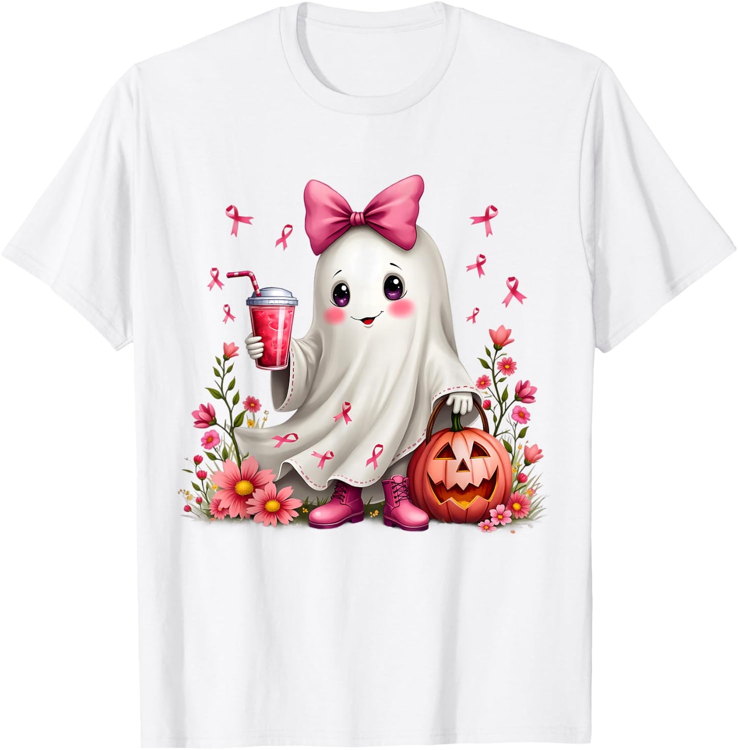In October We Wear Pink Ghost Breast Cancer Awareness T-Shirt - T-Shirt | White
