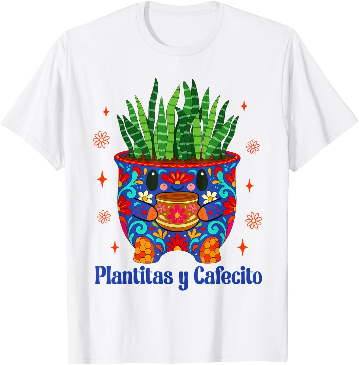 Coffee & Plant Lover Mexican Talavera Plantitas Y Cafecito T-Shirt - T-Shirt | White