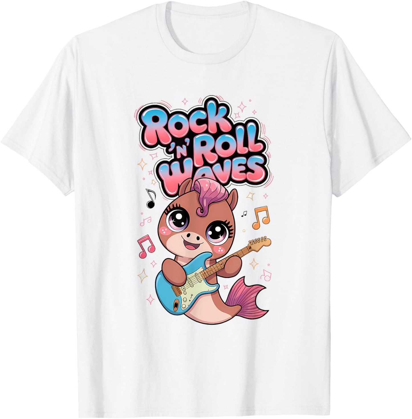 Kawaii Rock 'n Roll Waves Musical Sea Horse Design T-Shirt - T-Shirt | White