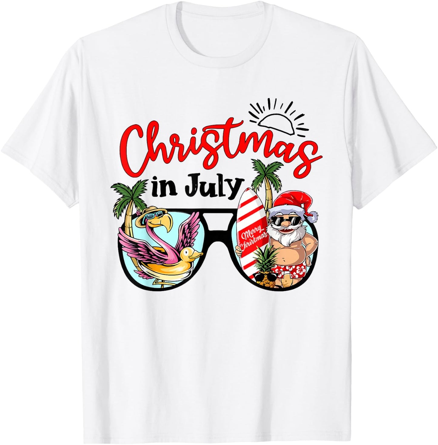 Christmas In July Sunglasses Santa Flamingo Summer Vacation T-Shirt - T-Shirt | White