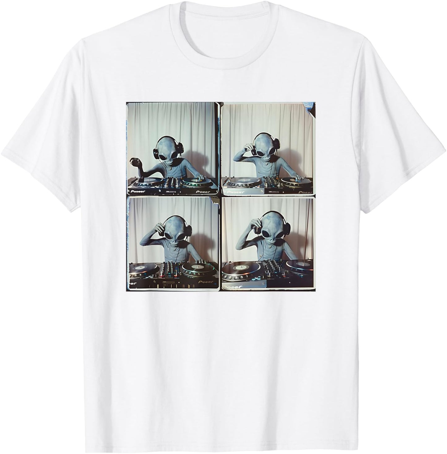 DJ Alien Dropping Beats UFO Vinyl Music Grey Alien Graphic T-Shirt - T-Shirt | White