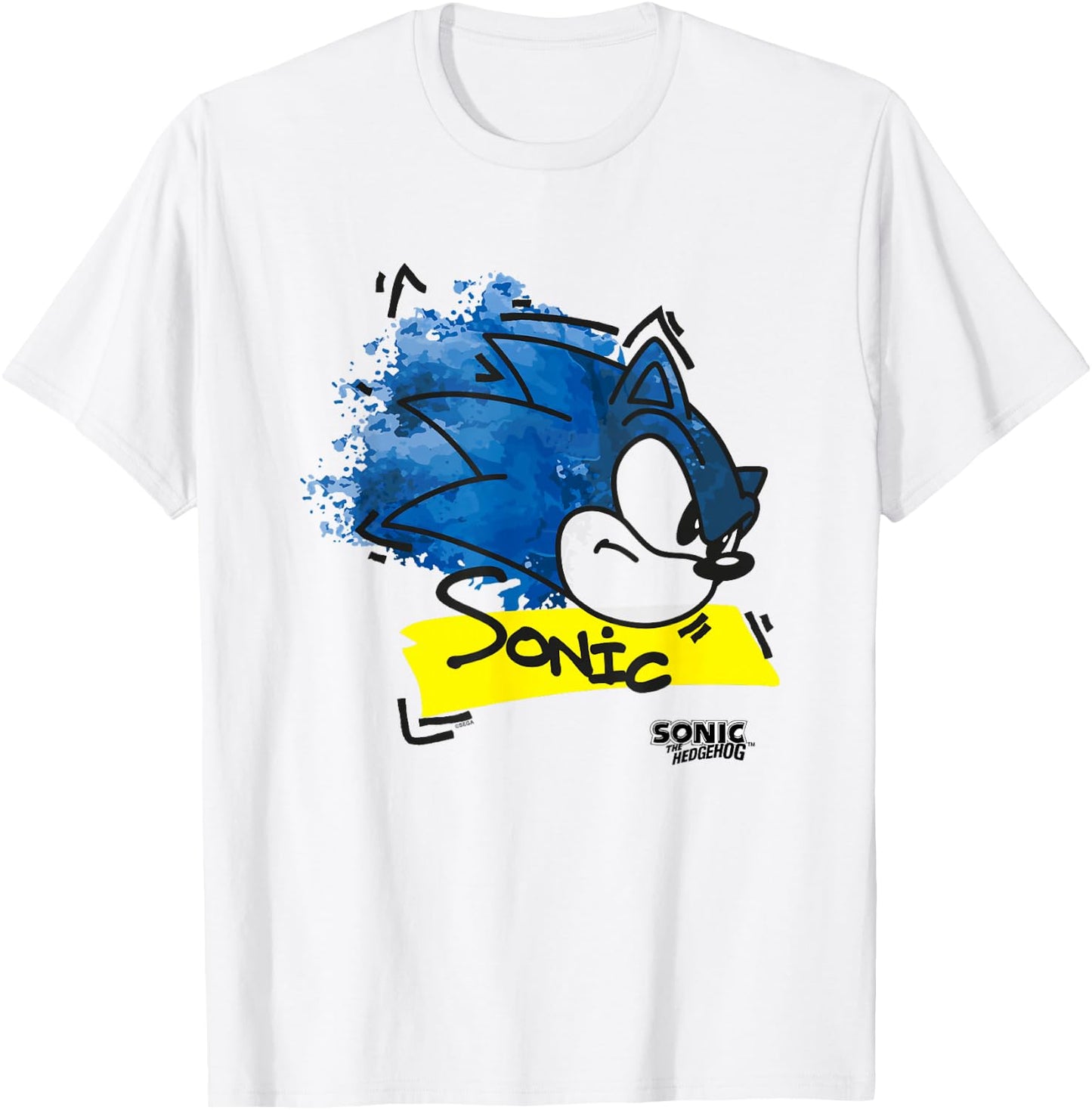 Sonic The Hedgehog Distressed Watercolor Face Outline T-Shirt - T-Shirt | White