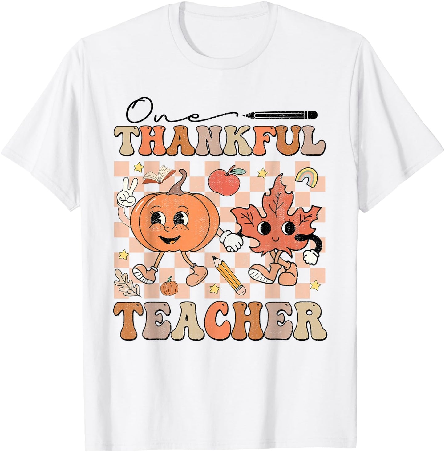 One Thankful Teacher Thanksgiving Groovy Fall Autumn Teacher T-Shirt - T-Shirt | White