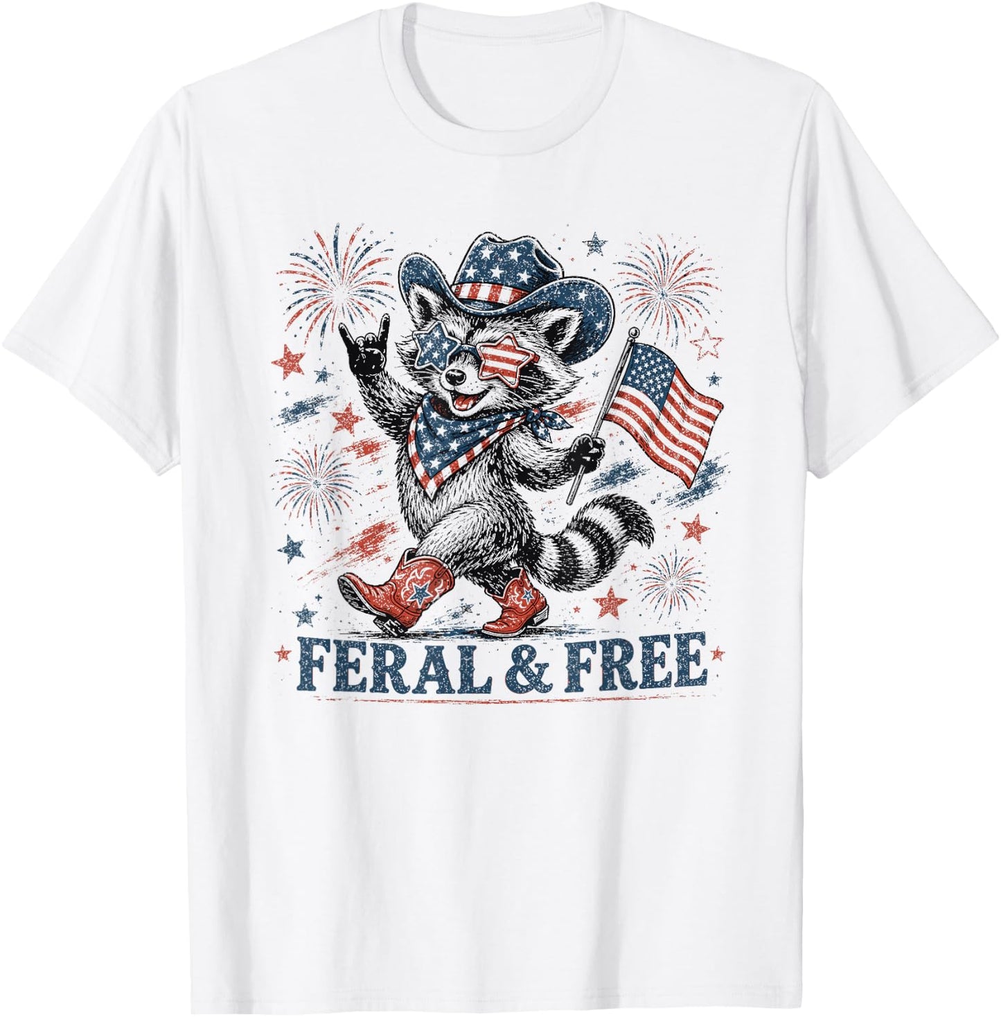 4th of July Feral and Free Patriotic Raccoon Cowboy T-Shirt - T-Shirt | White