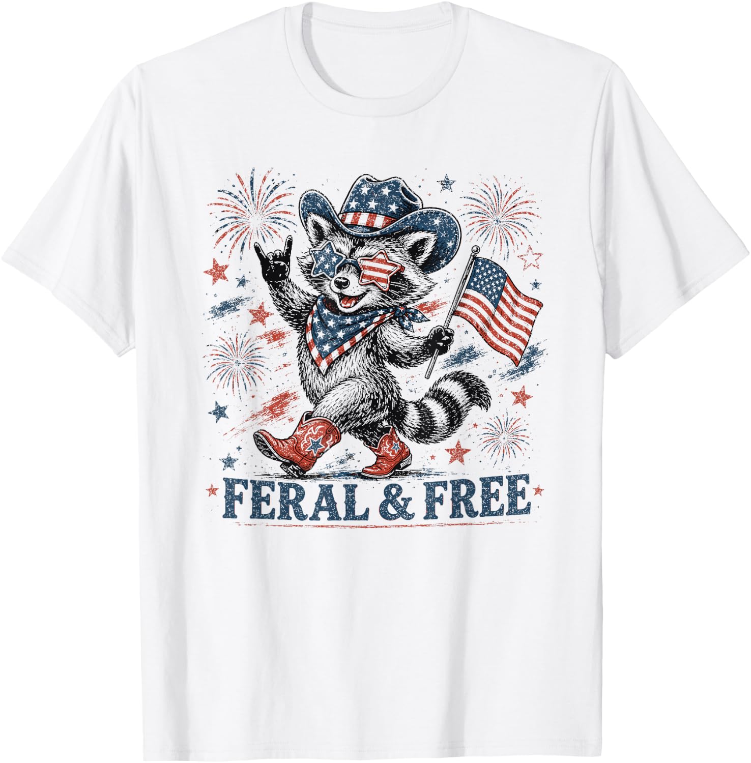 4th of July Feral and Free Patriotic Raccoon Cowboy T-Shirt - T-Shirt | White