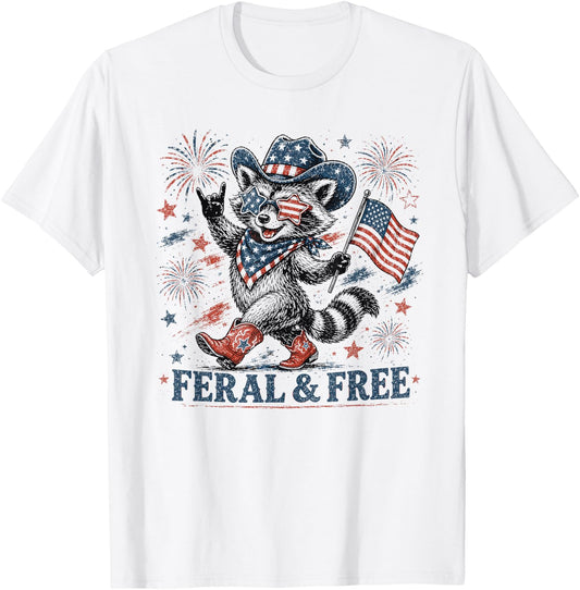 4th of July Feral and Free Patriotic Raccoon Cowboy T-Shirt - T-Shirt | White