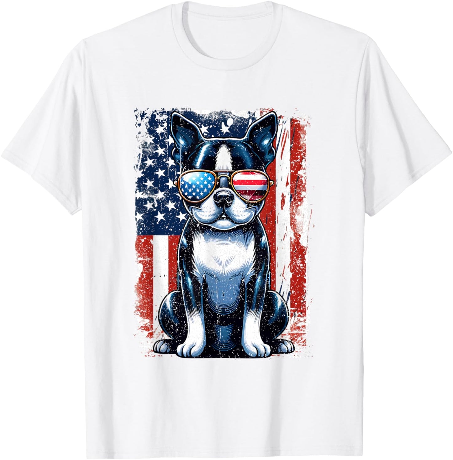Boston Terrier Dog American USA US Flag Pets Vintage Outfit T-Shirt - T-Shirt | White