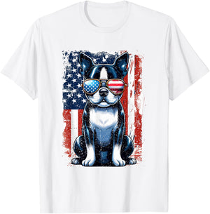 Boston Terrier Dog American USA US Flag Pets Vintage Outfit T-Shirt - T-Shirt | White